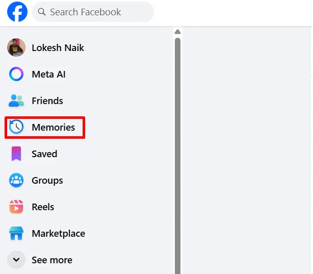 Facebook desktop screen showing how to open the Memories section from the left sidebar menu