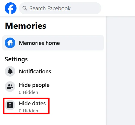 Facebook Memories page on desktop with the “Hide Dates” option highlighted in the left menu