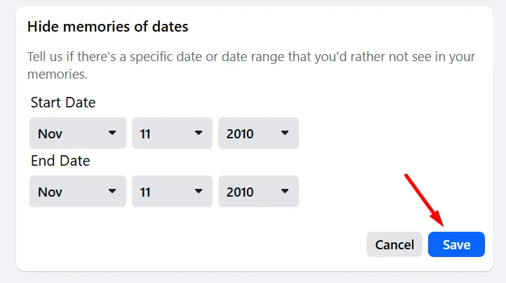 Selecting start and end dates in Facebook Memories settings