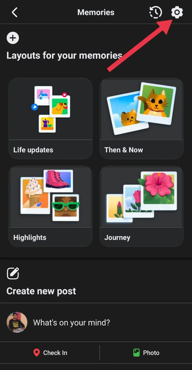 Open the Facebook app, select “Memories,” and tap the settings icon in the top right corner