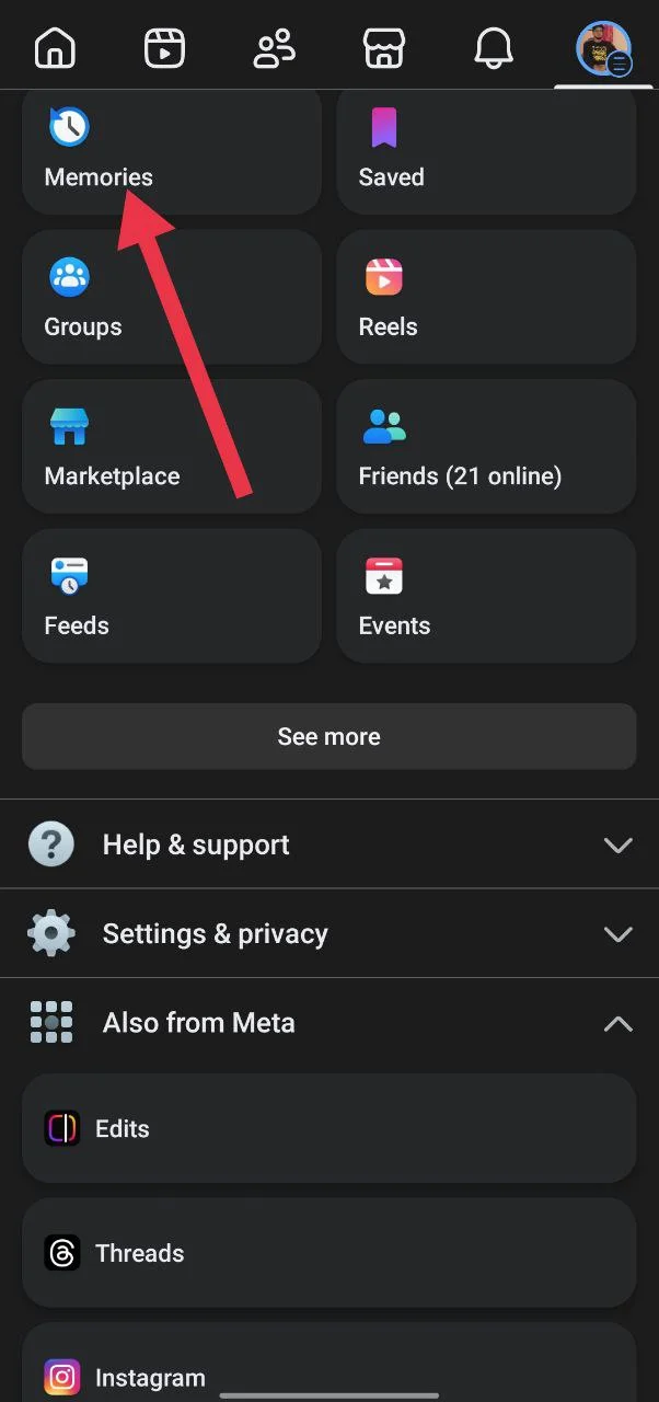 Facebook mobile app menu highlighting the “Memories” option to view past posts and moments