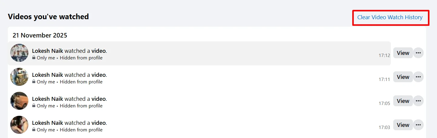 clear video watch history option on facebook website