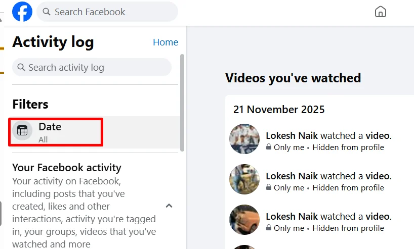 date filter option on facebook website to select watch history range