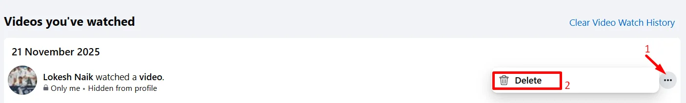 delete single watched video using three dots menu on facebook website