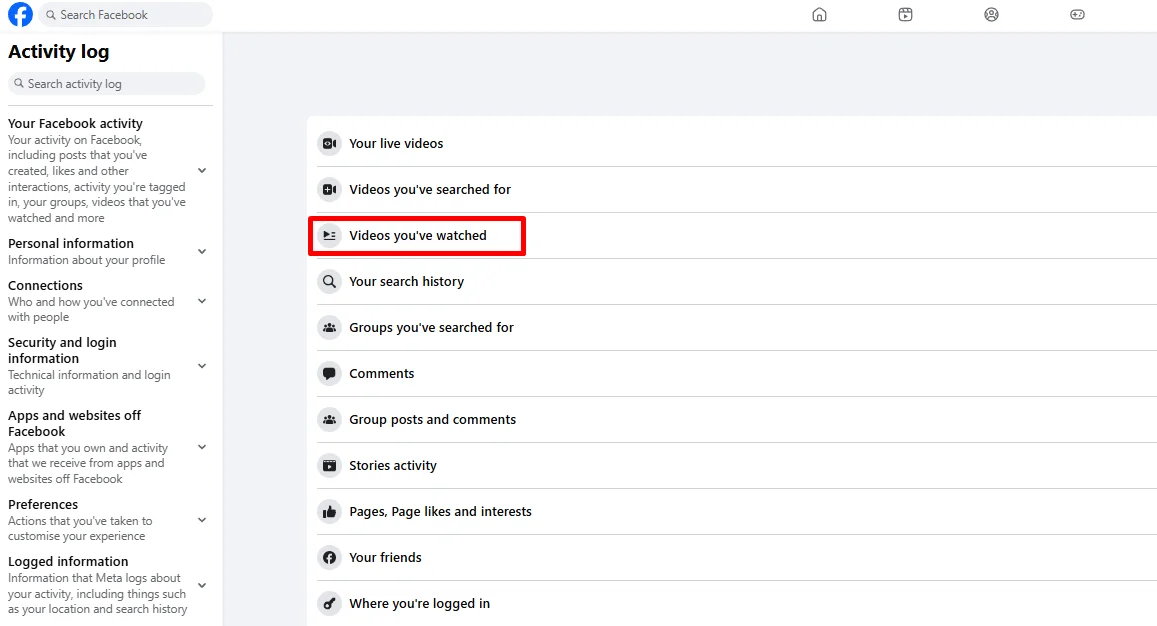 videos you have watched tab on facebook website activity log