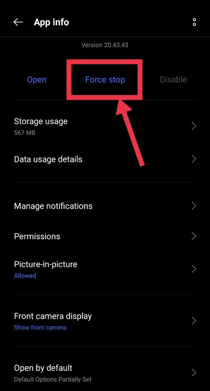 Android settings screen displaying the Force Stop option