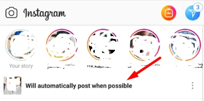 Screenshot showing the Instagram “Will Auto Post When Possible” error message on the upload screen