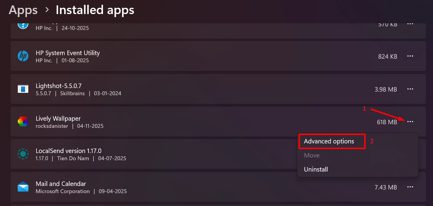 Click the three dots next to Lively Wallpaper and open Advanced Options