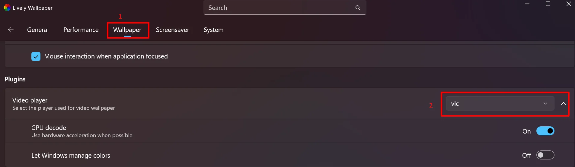 Open Lively Wallpaper settings, go to the Wallpapers section, and select VLC as the video player under the Video menu