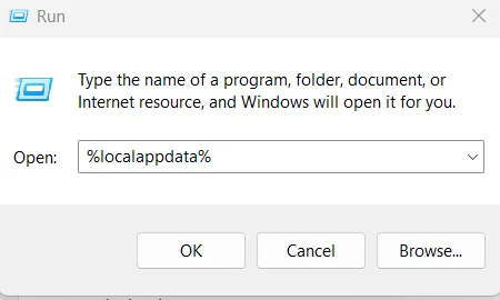 Run dialog with percent localappdata percent typed to open the local app data folder