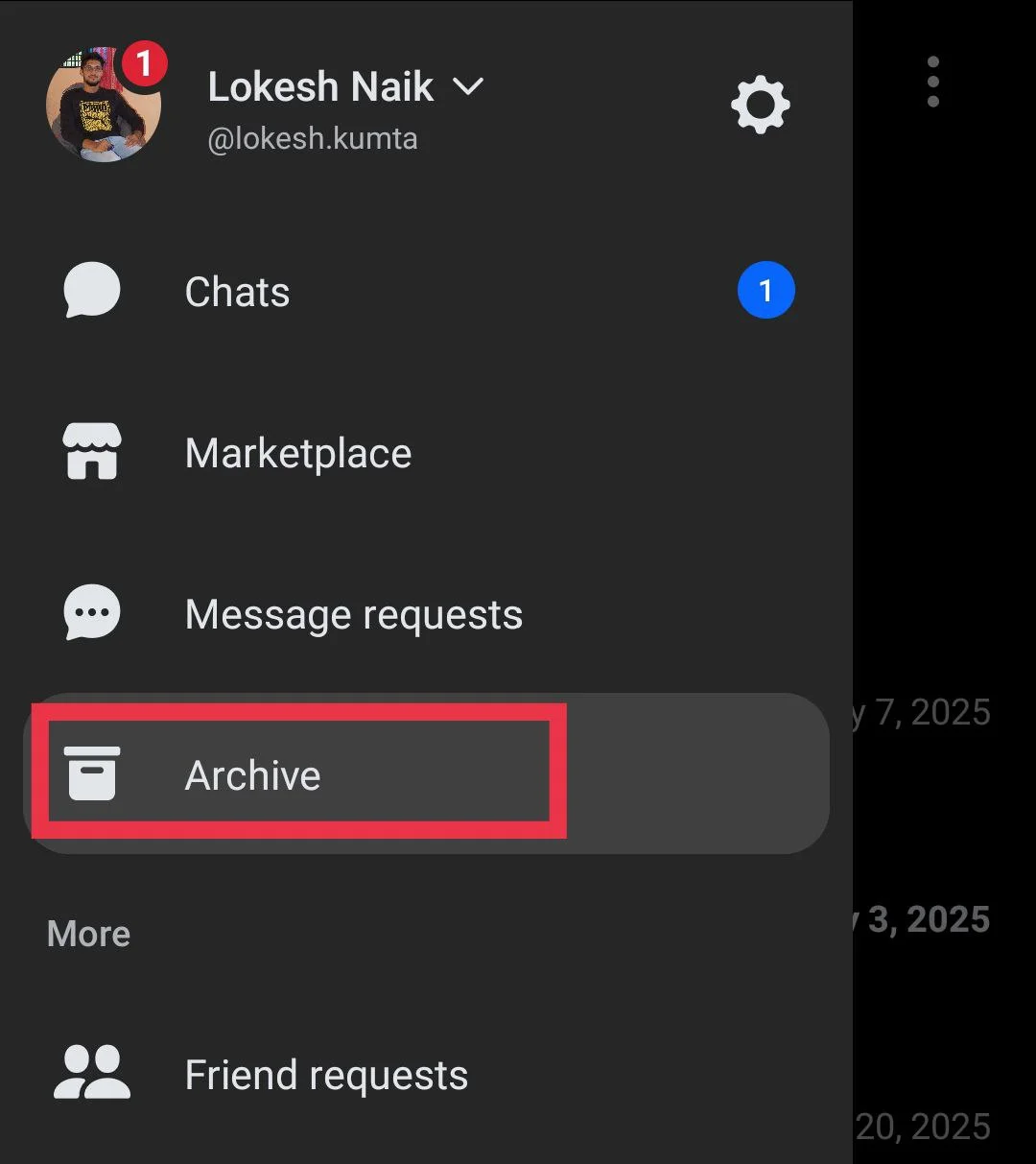 Open the Messenger menu and select Archive