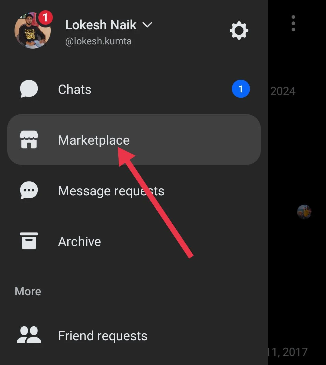 Open the side menu in Messenger and select Marketplace