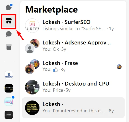 Click the Marketplace icon on the left side of the Messenger website to view Marketplace chats