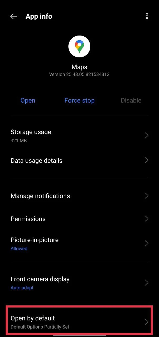 Select Google Maps and tap Open by Default option in Android settings