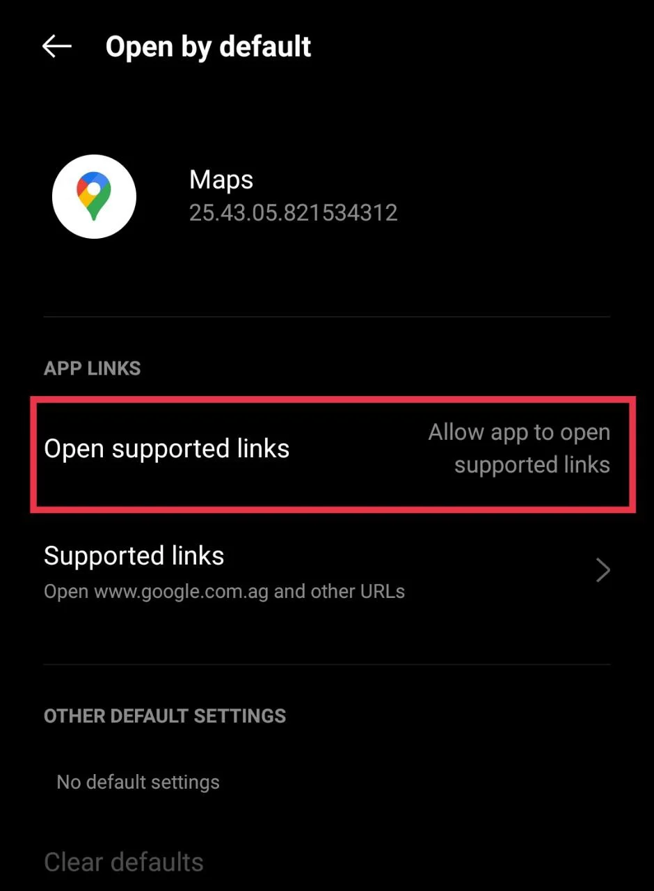 Choose the Open Supported Links setting for Google Maps in app preferences
