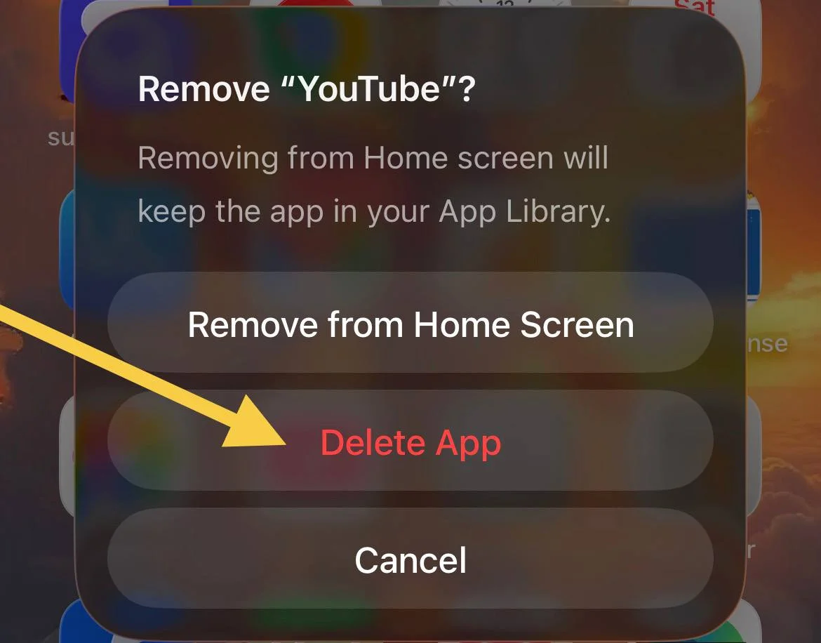 Delete App option for uninstalling YouTube on iOS