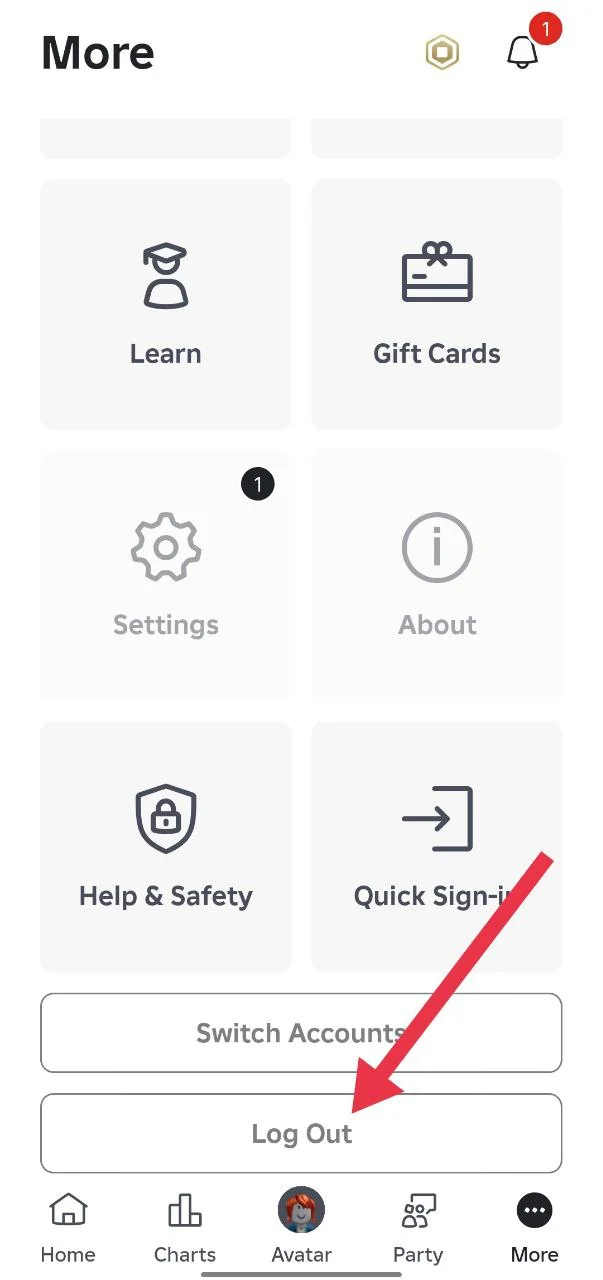 Roblox app settings screen showing the Log Out option for signing out of the account