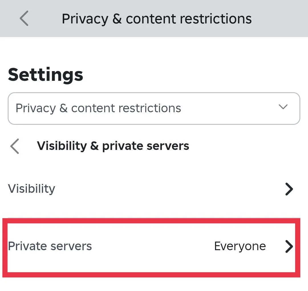 Roblox private servers setting highlighted with the option changed to Everyone