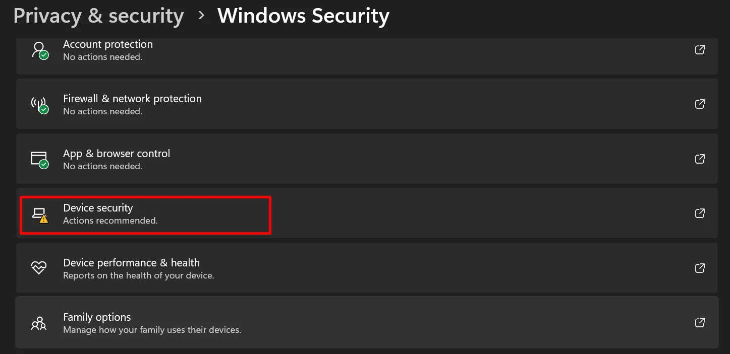 Device security option highlighted inside Windows Security settings