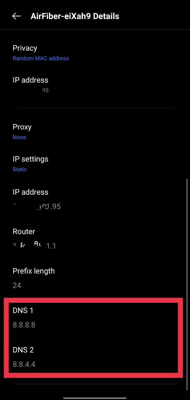 DNS settings screen showing DNS 1 set to 8.8.8.8 and DNS 2 set to 8.8.4.4
