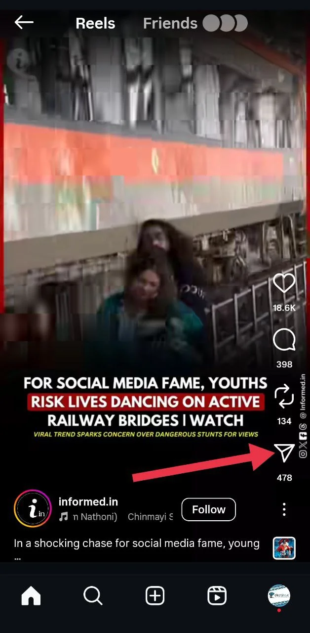 Tap the paper airplane icon below the Instagram Reel to open the share option