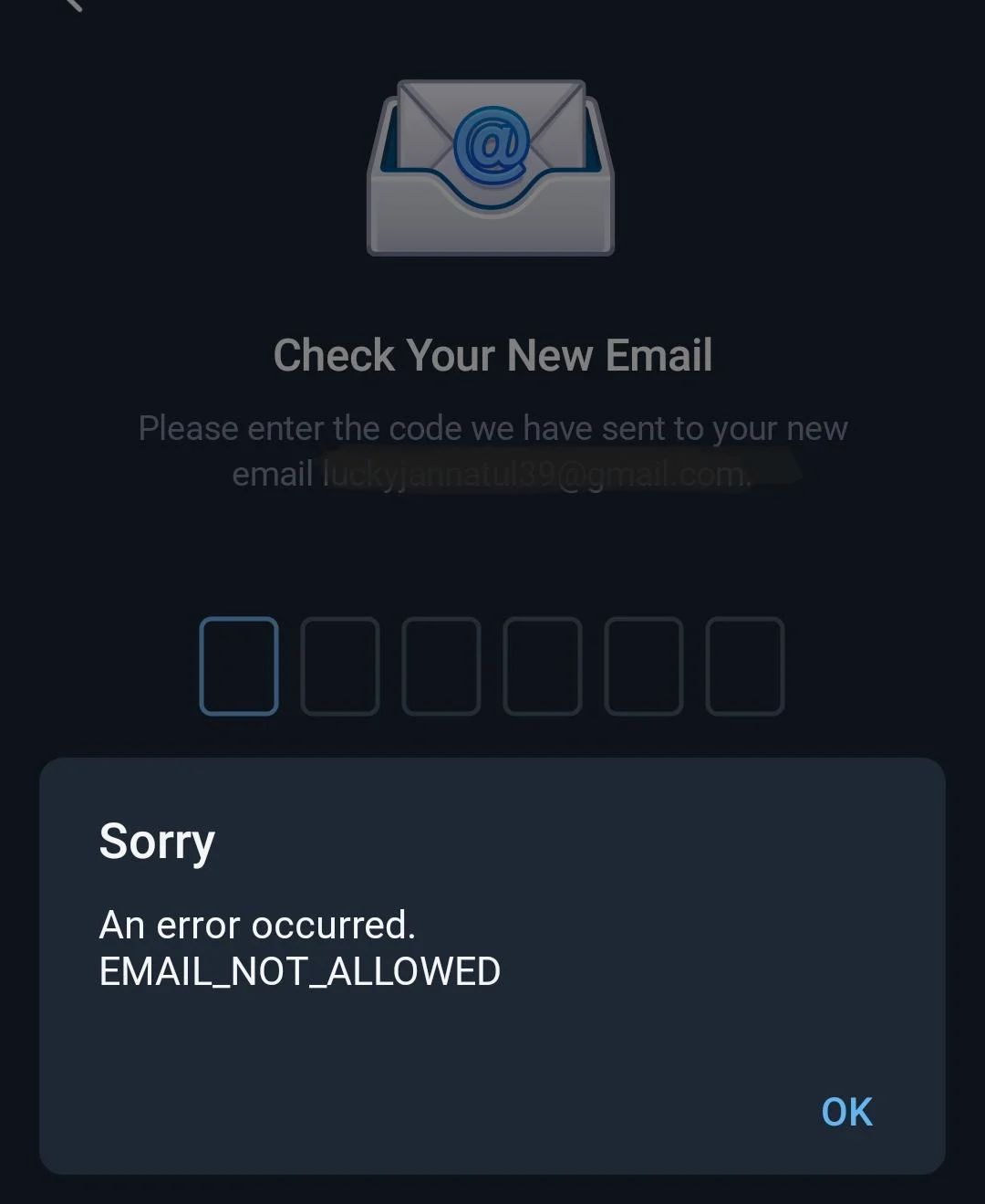 Screenshot showing the Telegram “Sorry. An error occurred. EMAIL_NOT_ALLOWED” message that appears during login or account creation