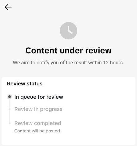 TikTok screen showing the message Content under review with We aim to notify you of the result within 12 hours