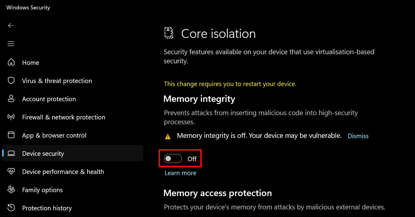 Memory Integrity toggle shown in the off position inside Core Isolation