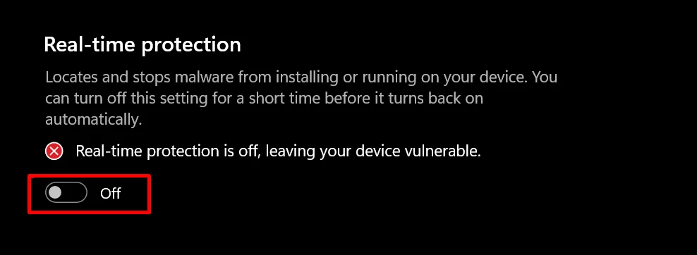 Real time protection switch turned off in Windows Security settings