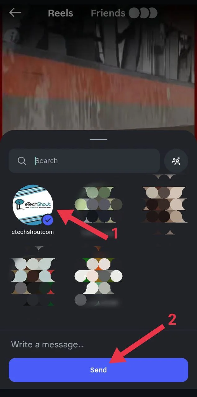 Type your own name or username in the search bar, select your profile, and tap Send to share the Reel with yourself