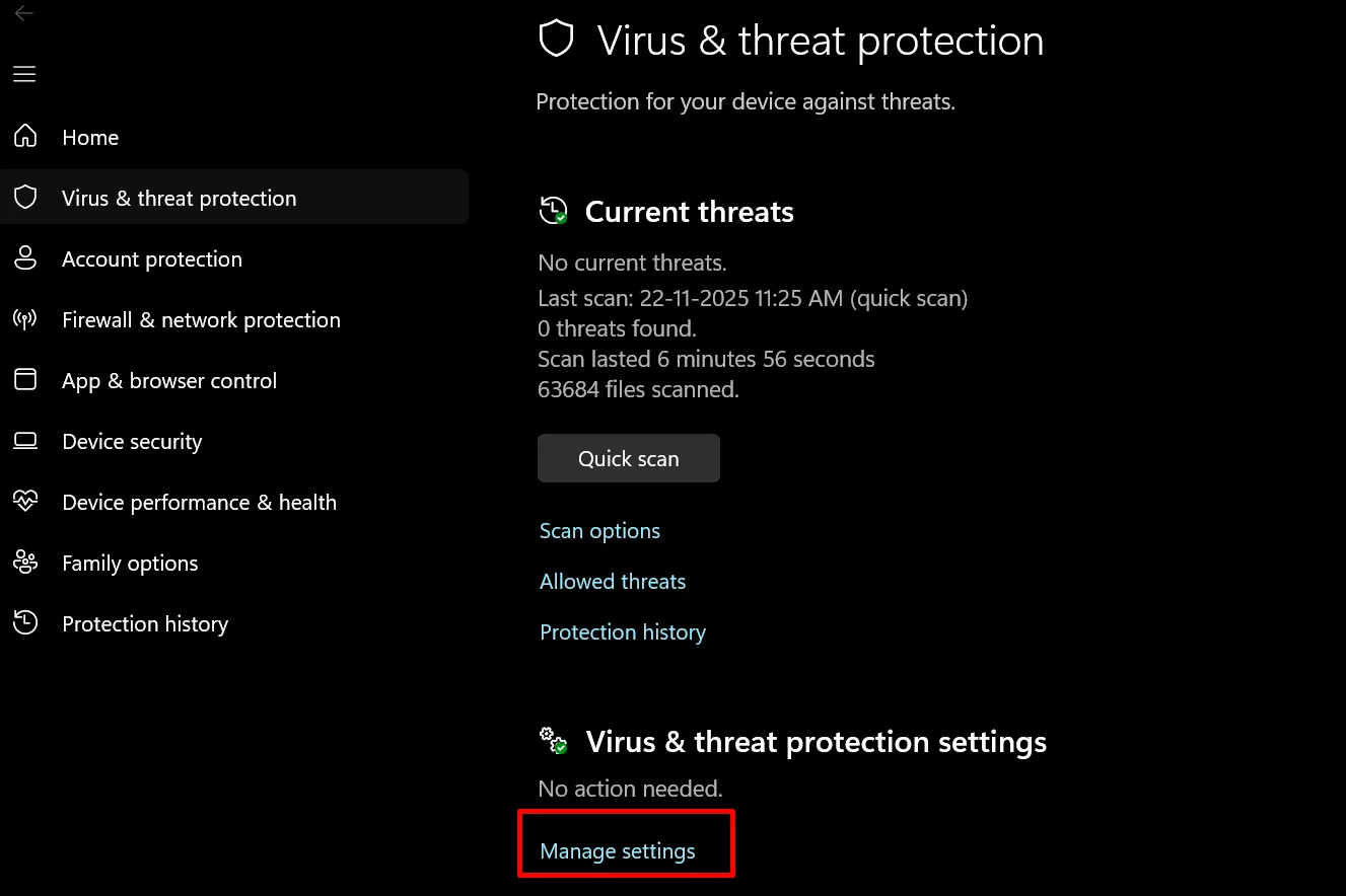 Virus and Threat Protection page with the Manage Settings option highlighted
