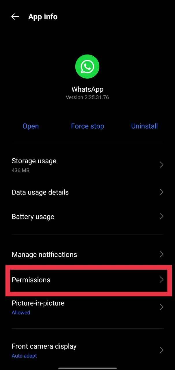 Android settings screen showing how to tap “Permissions” for WhatsApp