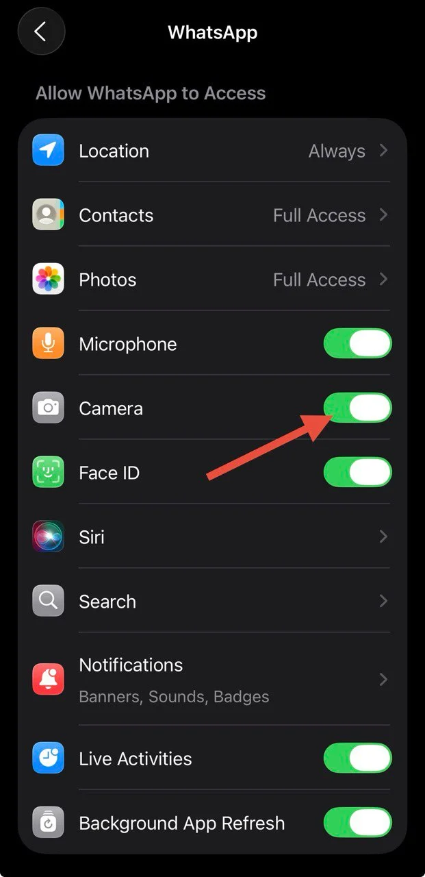 Turn off and on camera permission for WhatsApp