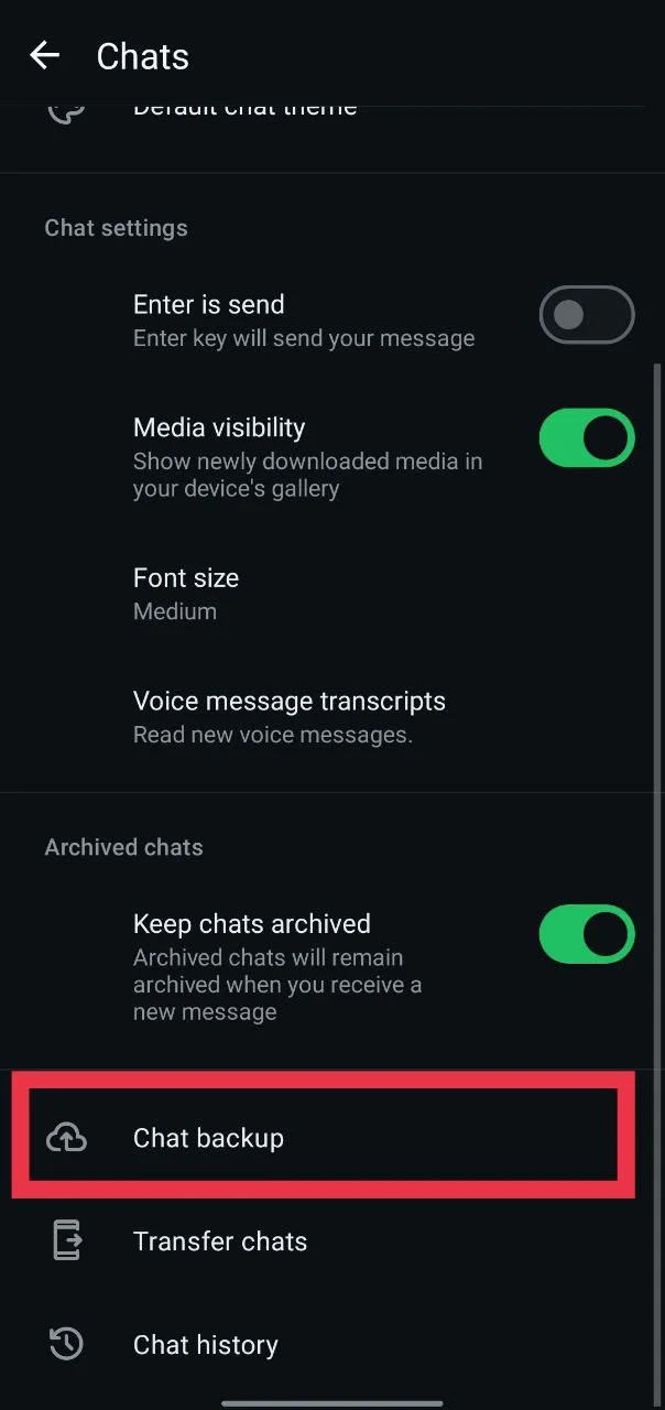 WhatsApp chat backup option on app