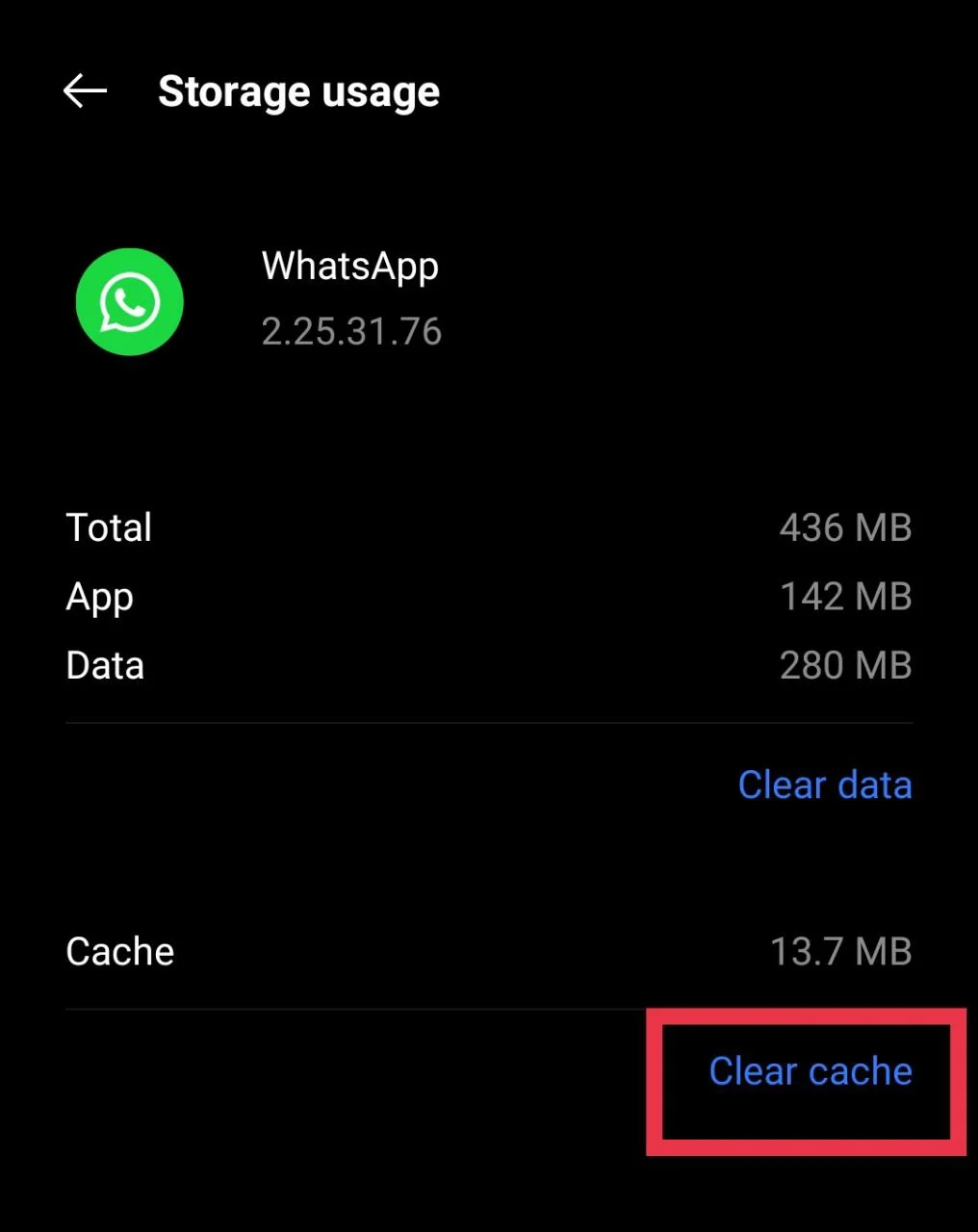 Clear WhatsApp cache in Android settings