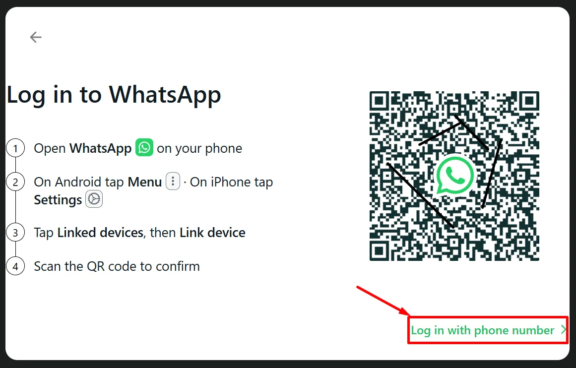 WhatsApp desktop screen showing Log in with your phone number option