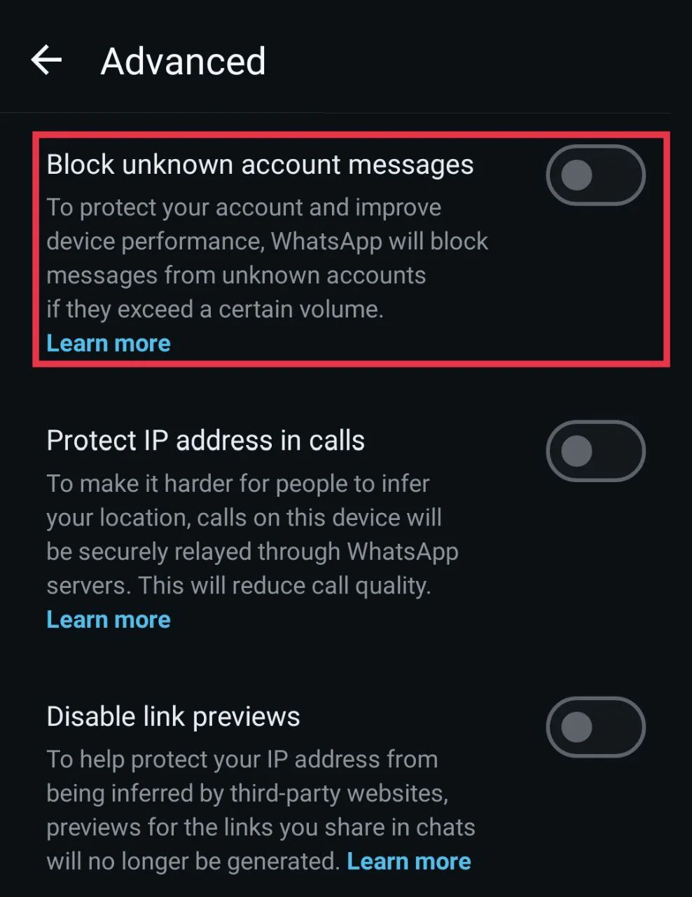 WhatsApp Settings Privacy Advanced menu showing Block unknown account messages option