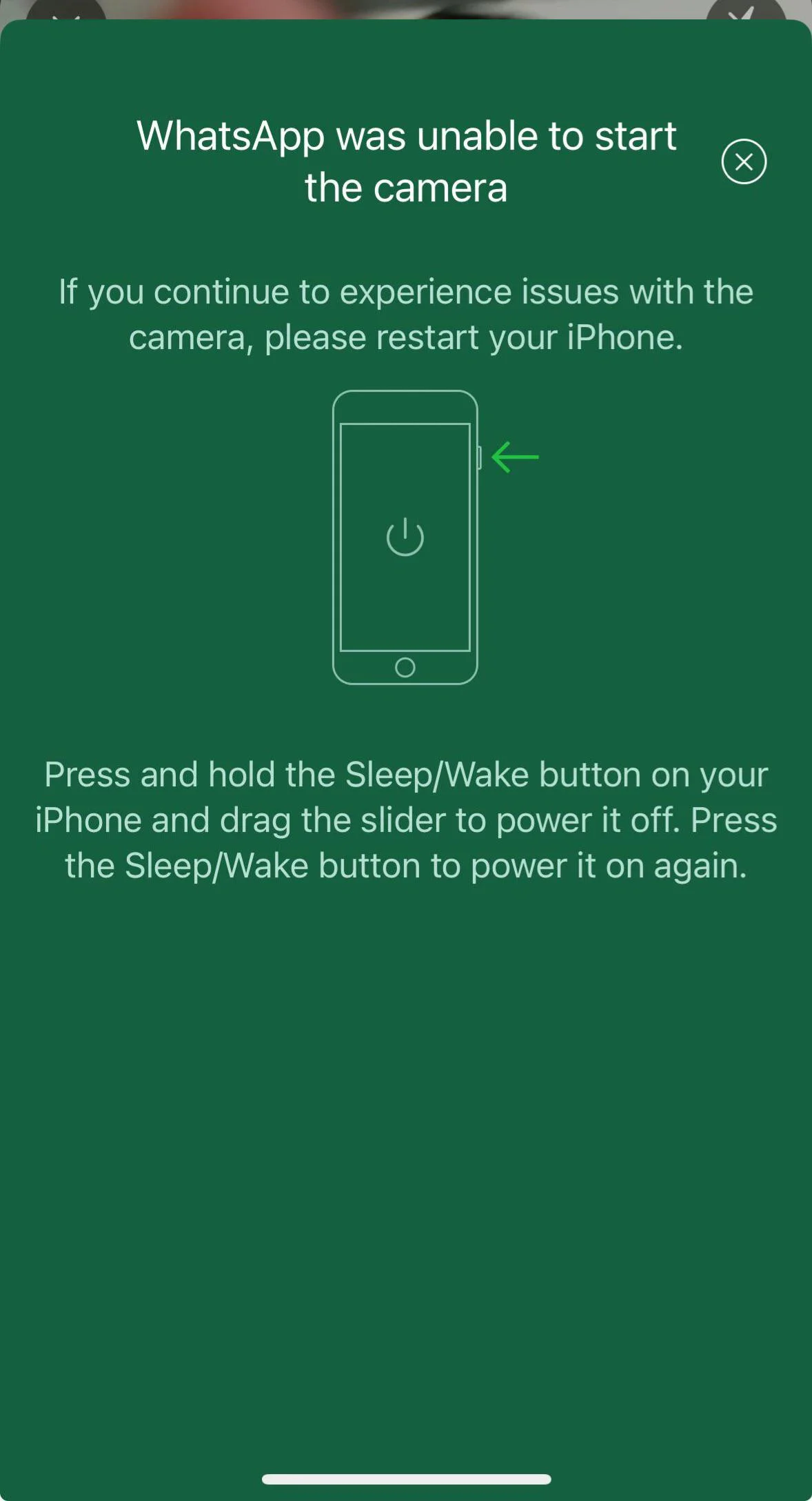 Screenshot of the WhatsApp error message showing 'WhatsApp was unable to start the camera. If you continue to experience issues with the camera, please restart your device.'