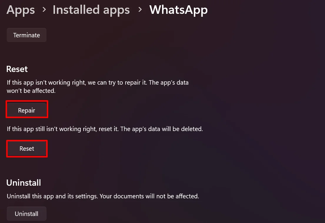WhatsApp Windows app settings page with Repair and Reset options