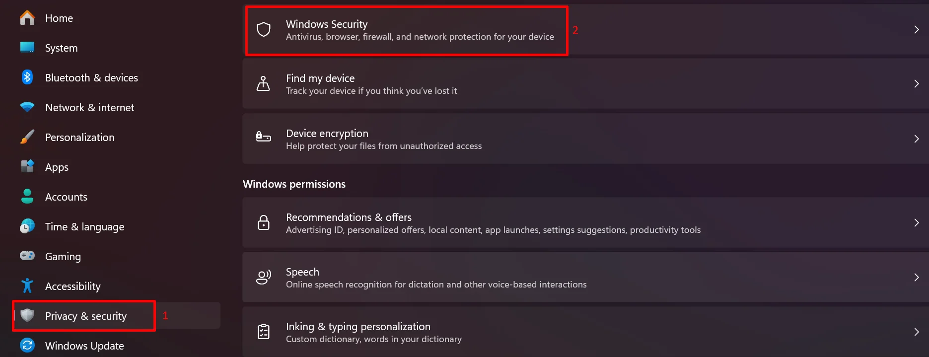 Windows Settings screen open on Privacy and security before selecting Windows Security