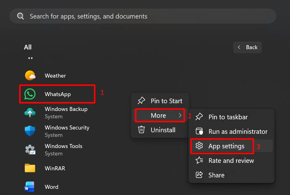 Windows WhatsApp menu showing the More option leading to App settings