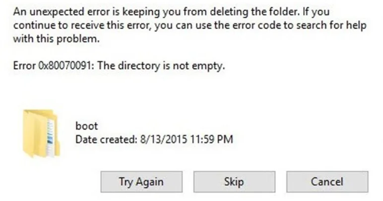 0x80070091 directory is not empty error message in Windows
