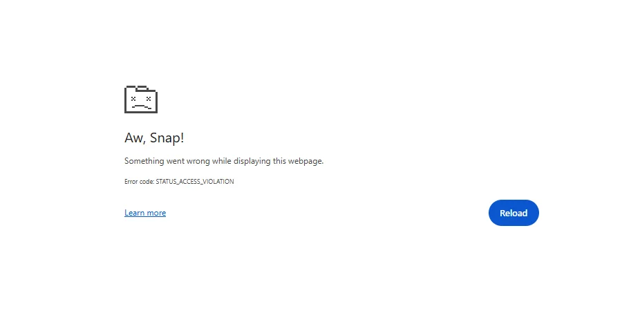 Aw Snap error message displayed in Google Chrome browser