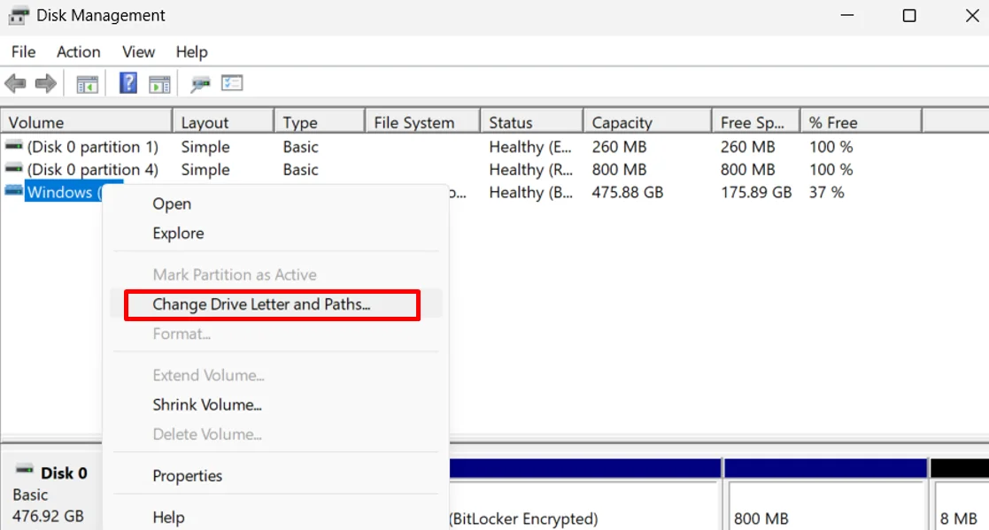 Right click the drive in Disk Management and select Change Drive Letter and Paths