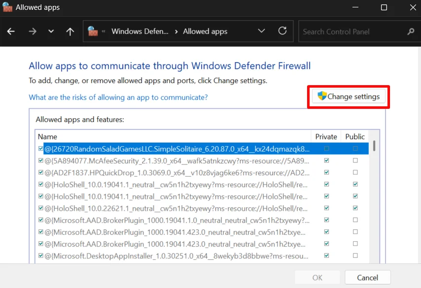 Click Change settings in Allow an app or feature through Windows Defender Firewall on Windows