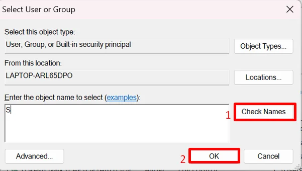 Click Check Names and confirm user account permission