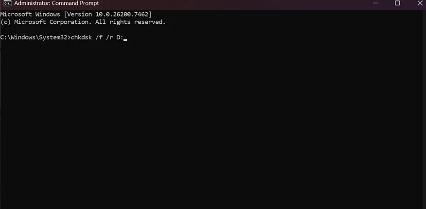 Run chkdsk slash f slash r command in Command Prompt to scan drive