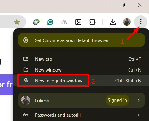 Option in Chrome menu that opens a new Incognito window for private browsing