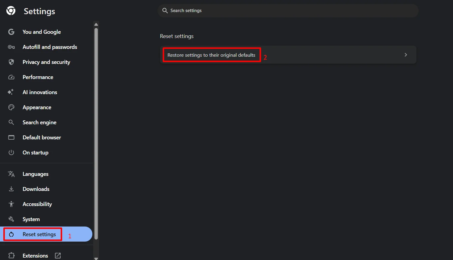 Reset Chrome settings to original defaults