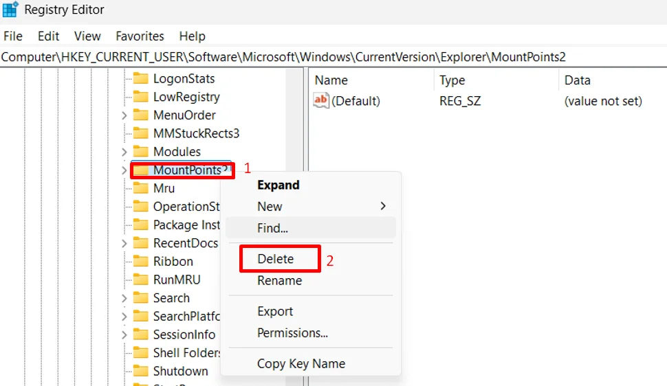 Right click on MountPoints2 in Registry Editor and choose Delete